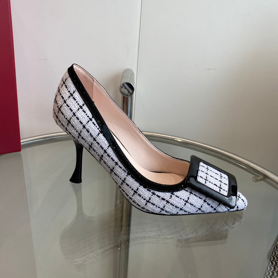 EFFLORESCENCE BALLERINAS PUMPS IN WHITE TWEED WITH FINE BLACK STRIPES EMBELLISHED CRYSTALS - 34