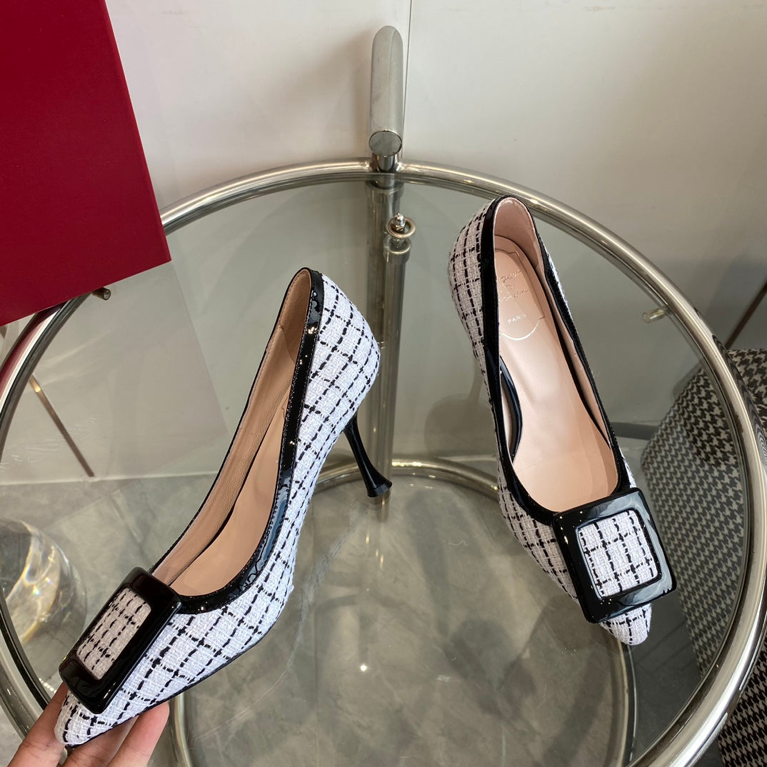 EFFLORESCENCE BALLERINAS PUMPS IN WHITE TWEED WITH FINE BLACK STRIPES EMBELLISHED CRYSTALS - 34