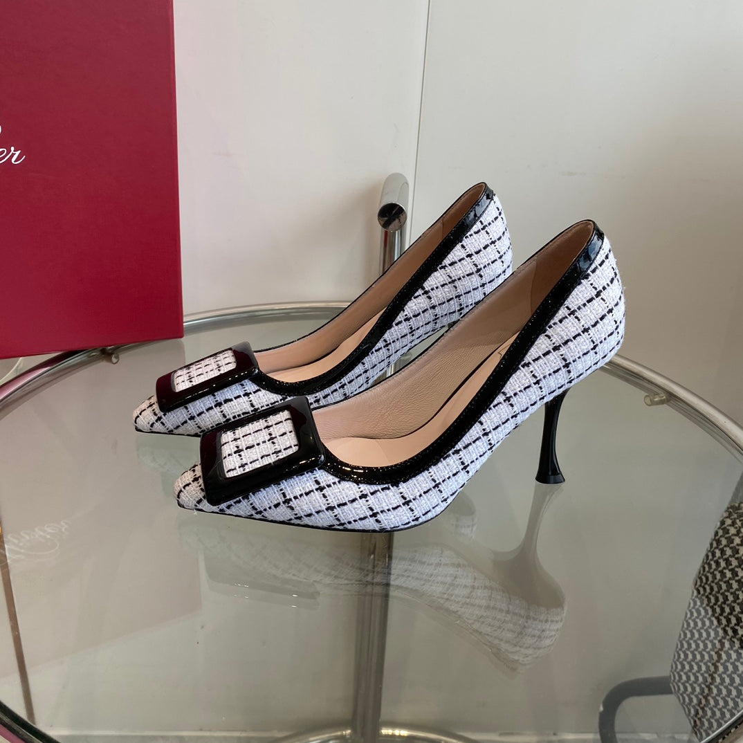 EFFLORESCENCE BALLERINAS PUMPS IN WHITE TWEED WITH FINE BLACK STRIPES EMBELLISHED CRYSTALS - 34