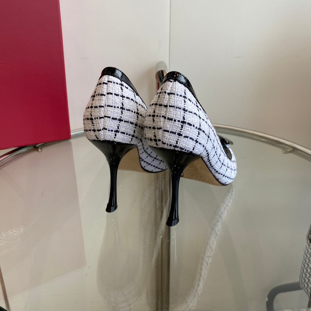 EFFLORESCENCE BALLERINAS PUMPS IN WHITE TWEED WITH FINE BLACK STRIPES EMBELLISHED CRYSTALS - 34