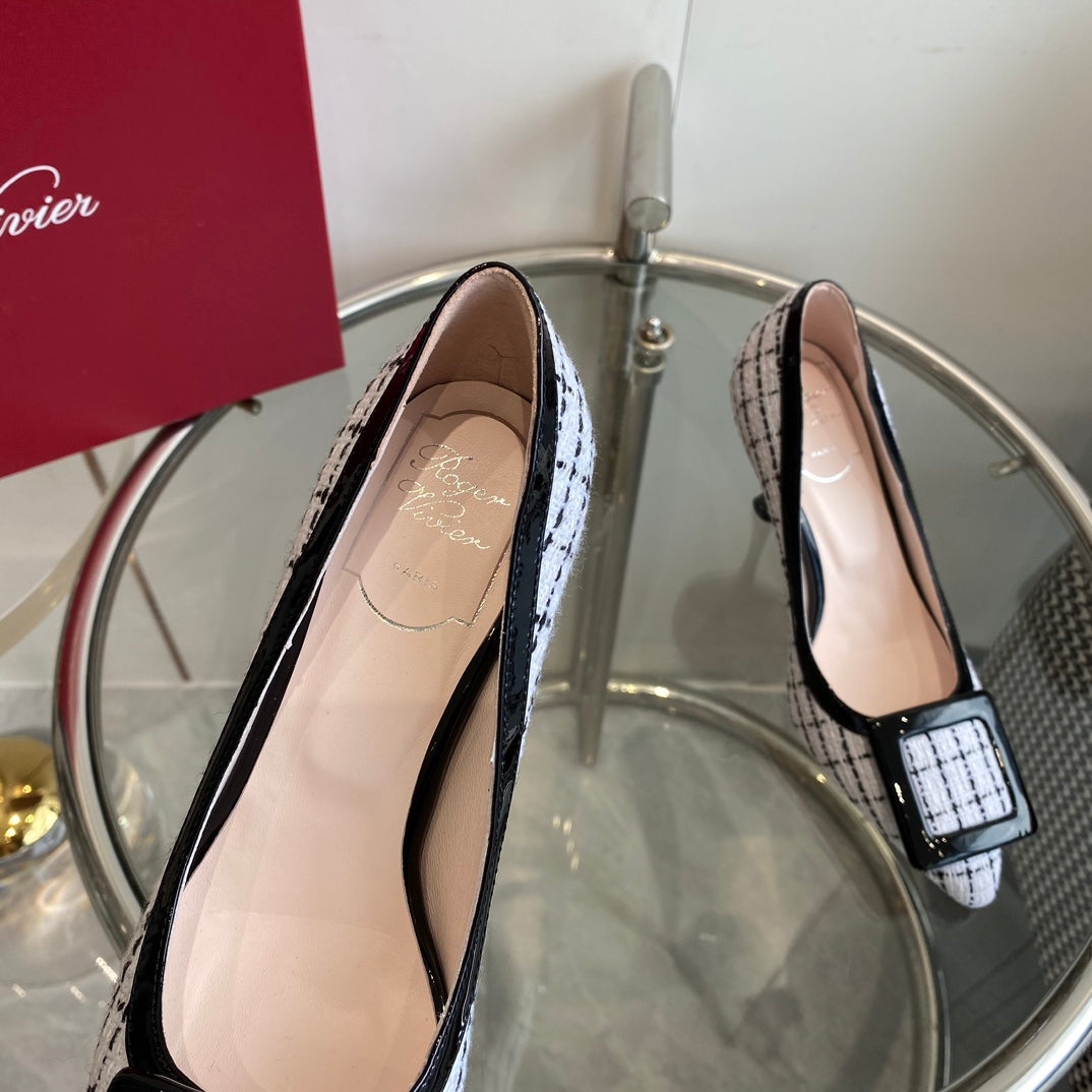 EFFLORESCENCE BALLERINAS PUMPS IN WHITE TWEED WITH FINE BLACK STRIPES EMBELLISHED CRYSTALS - 34