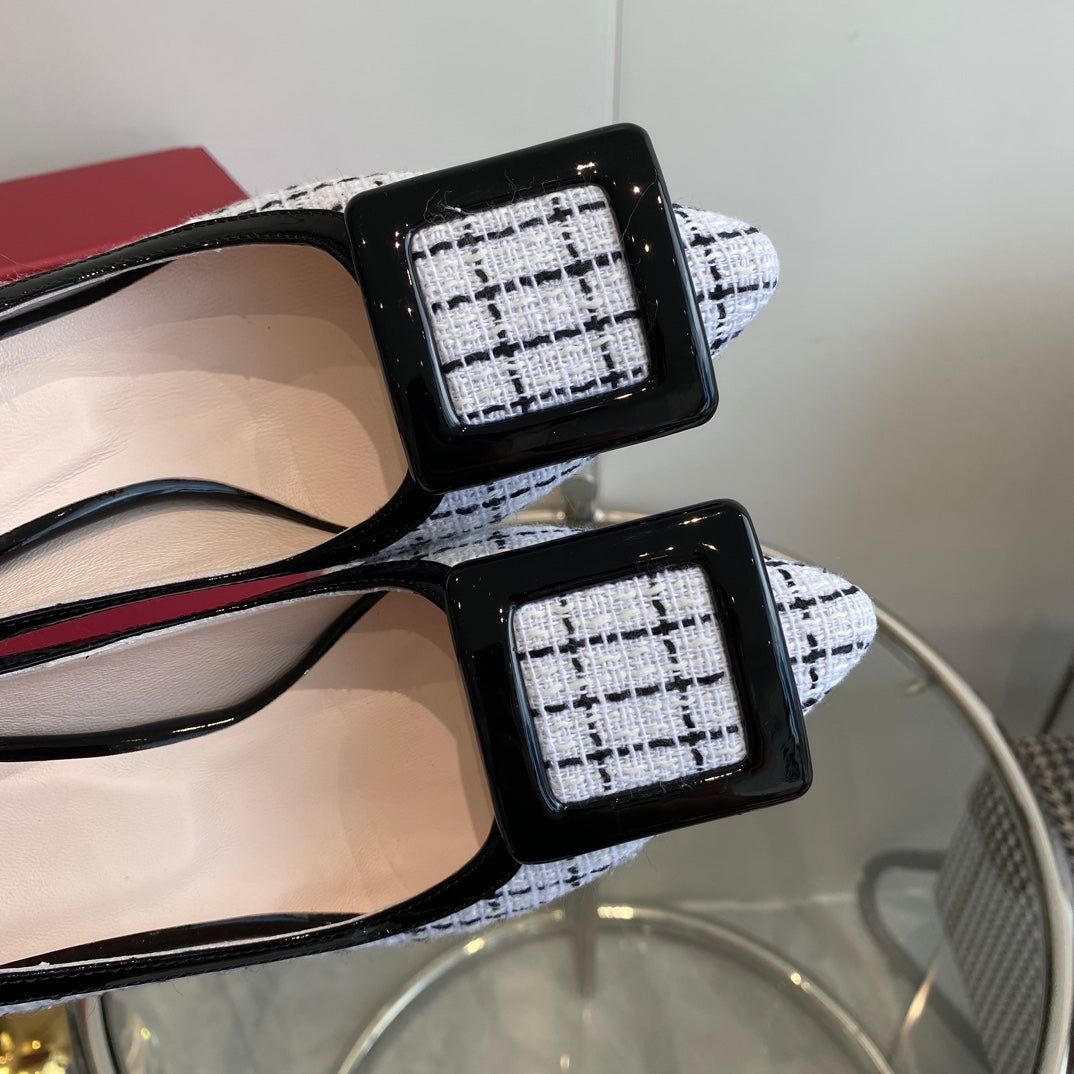 EFFLORESCENCE BALLERINAS PUMPS IN WHITE TWEED WITH FINE BLACK STRIPES EMBELLISHED CRYSTALS - 34