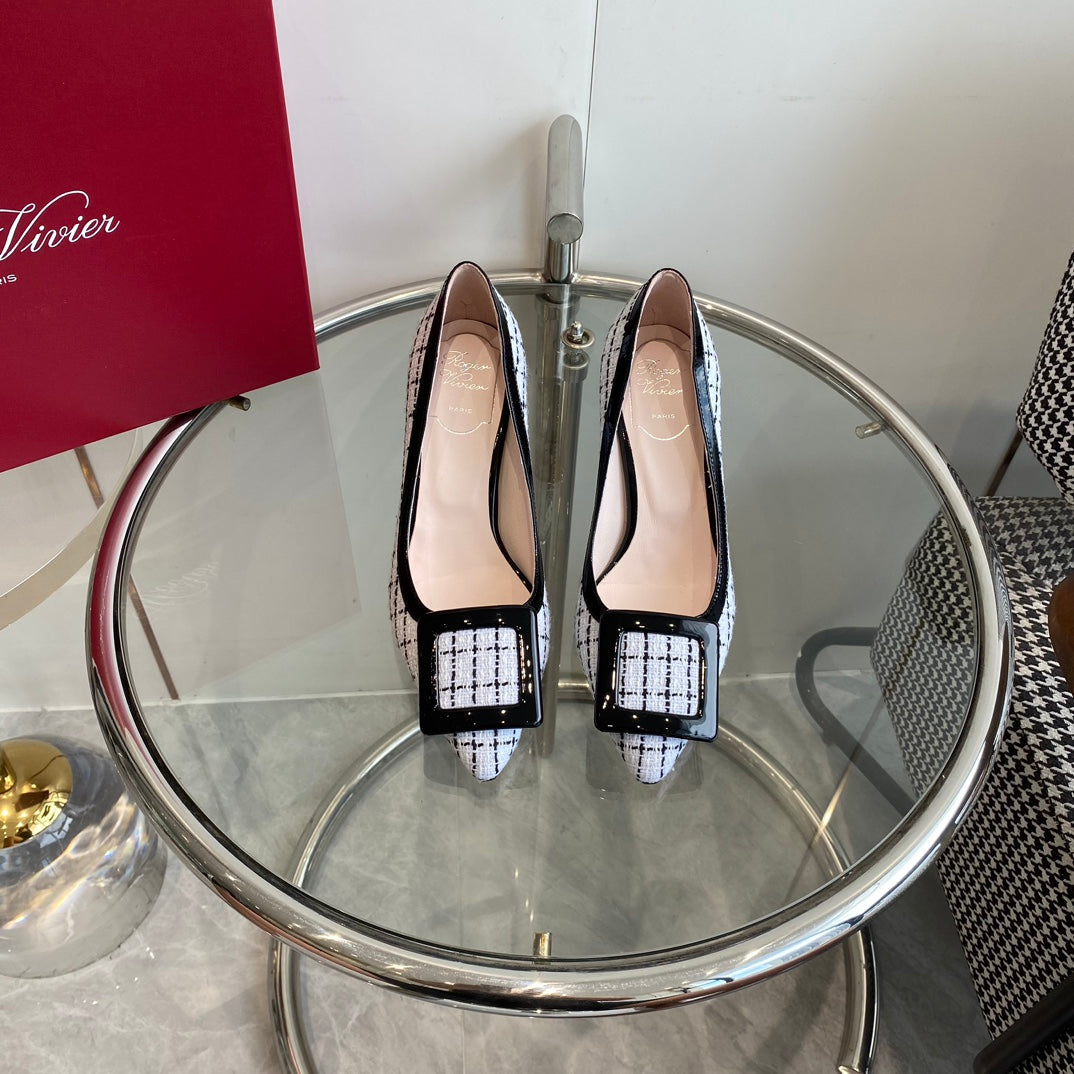 EFFLORESCENCE BALLERINAS PUMPS IN WHITE TWEED WITH FINE BLACK STRIPES EMBELLISHED CRYSTALS - 34