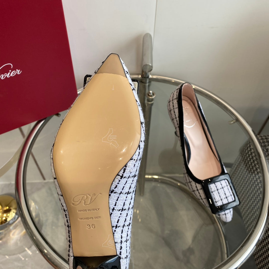EFFLORESCENCE BALLERINAS PUMPS IN WHITE TWEED WITH FINE BLACK STRIPES EMBELLISHED CRYSTALS - 34