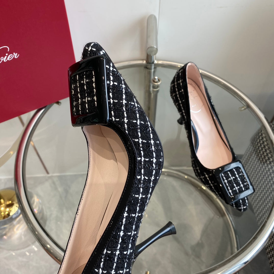 EFFLORESCENCE BALLERINAS PUMPS IN BLACK TWEED WITH FINE WHITE STRIPES EMBELLISHED CRYSTALS - 34