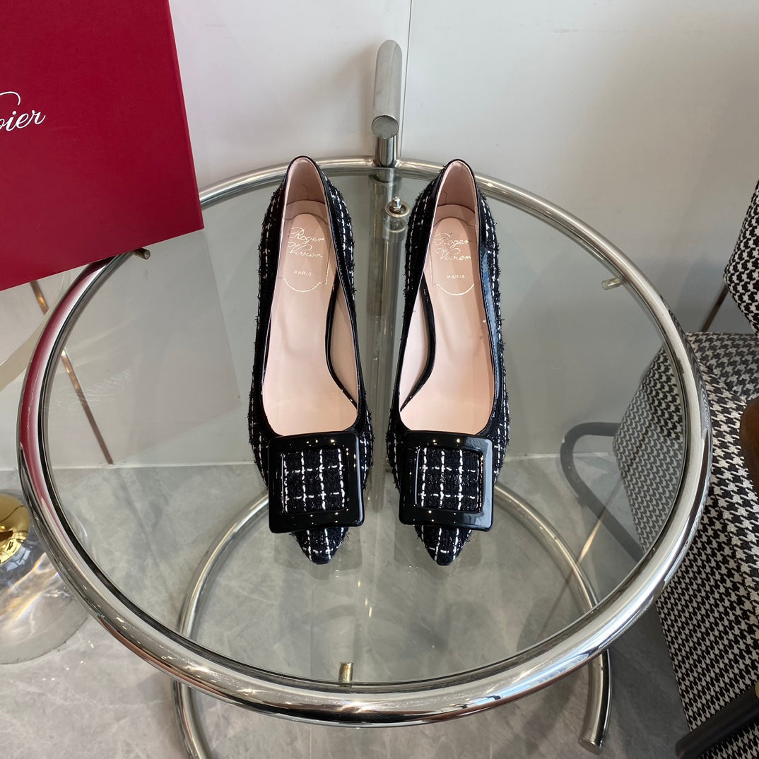 EFFLORESCENCE BALLERINAS PUMPS IN BLACK TWEED WITH FINE WHITE STRIPES EMBELLISHED CRYSTALS - 34