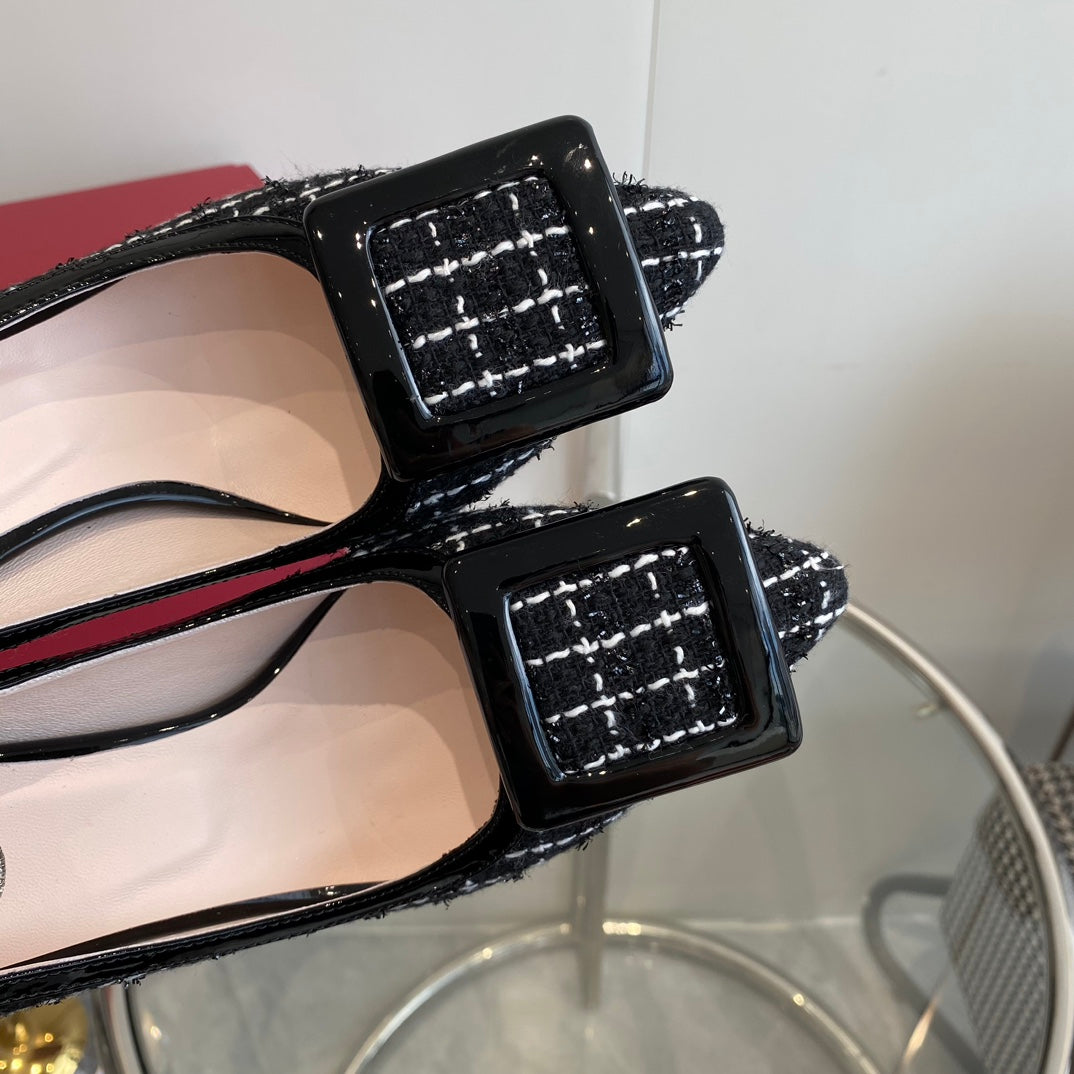 EFFLORESCENCE BALLERINAS PUMPS IN BLACK TWEED WITH FINE WHITE STRIPES EMBELLISHED CRYSTALS - 34