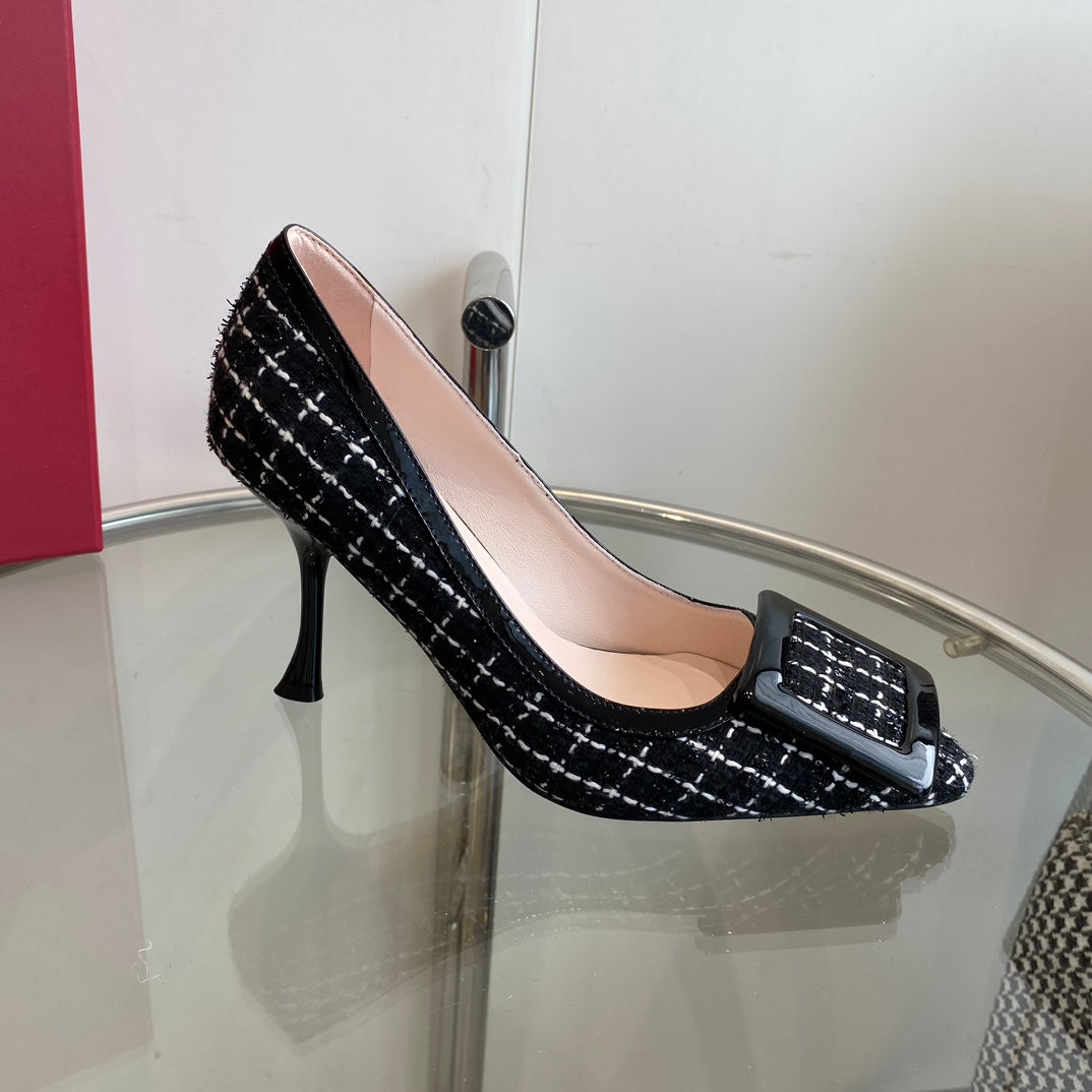 EFFLORESCENCE BALLERINAS PUMPS IN BLACK TWEED WITH FINE WHITE STRIPES EMBELLISHED CRYSTALS - 34
