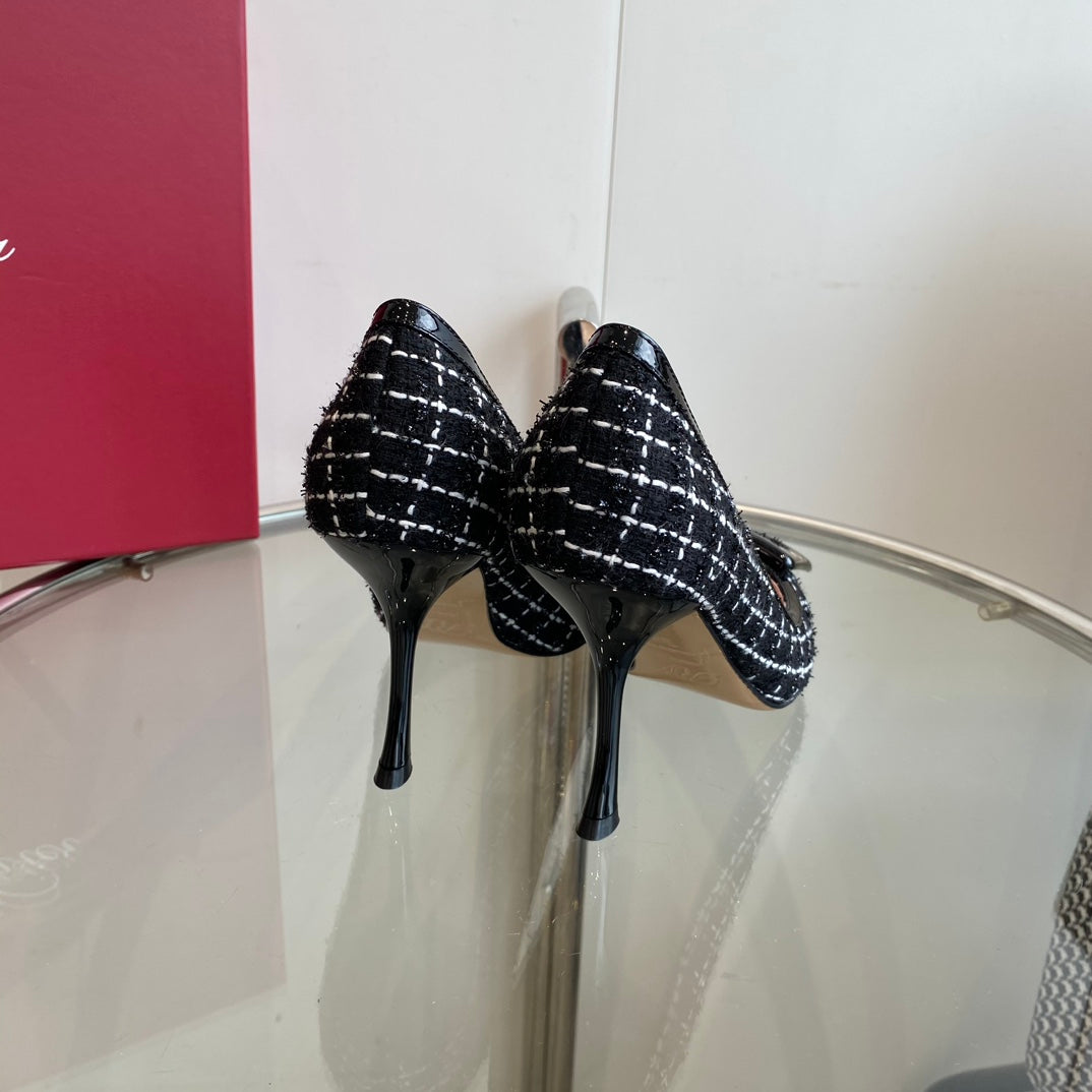 EFFLORESCENCE BALLERINAS PUMPS IN BLACK TWEED WITH FINE WHITE STRIPES EMBELLISHED CRYSTALS - 34
