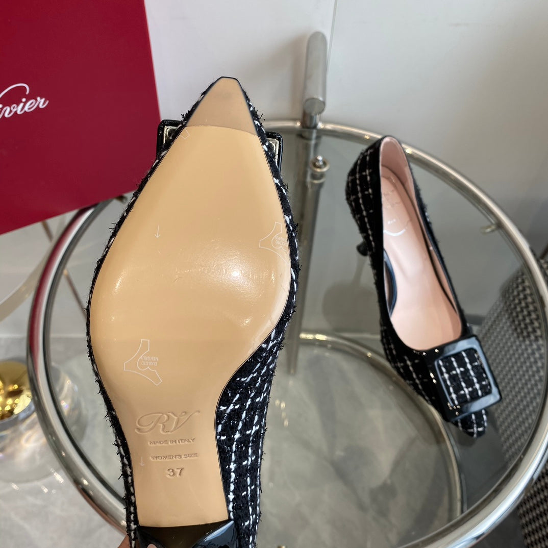 EFFLORESCENCE BALLERINAS PUMPS IN BLACK TWEED WITH FINE WHITE STRIPES EMBELLISHED CRYSTALS - 34