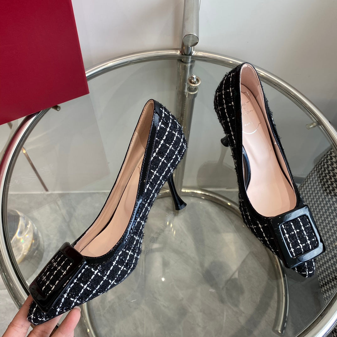 EFFLORESCENCE BALLERINAS PUMPS IN BLACK TWEED WITH FINE WHITE STRIPES EMBELLISHED CRYSTALS - 34