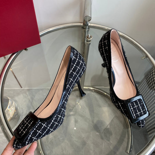 EFFLORESCENCE BALLERINAS PUMPS IN BLACK TWEED WITH FINE WHITE STRIPES EMBELLISHED CRYSTALS - 34