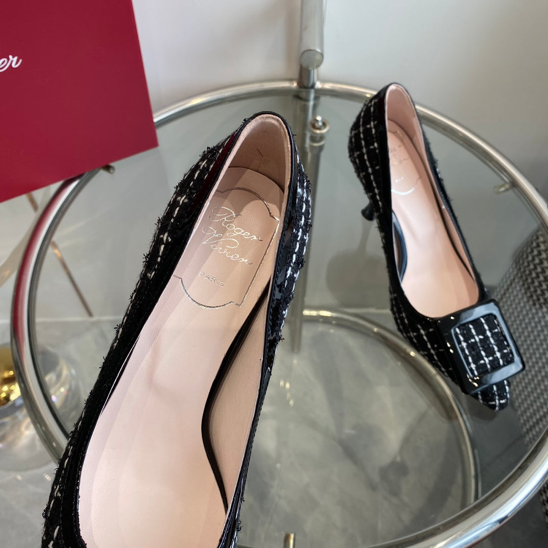 EFFLORESCENCE BALLERINAS PUMPS IN BLACK TWEED WITH FINE WHITE STRIPES EMBELLISHED CRYSTALS - 34