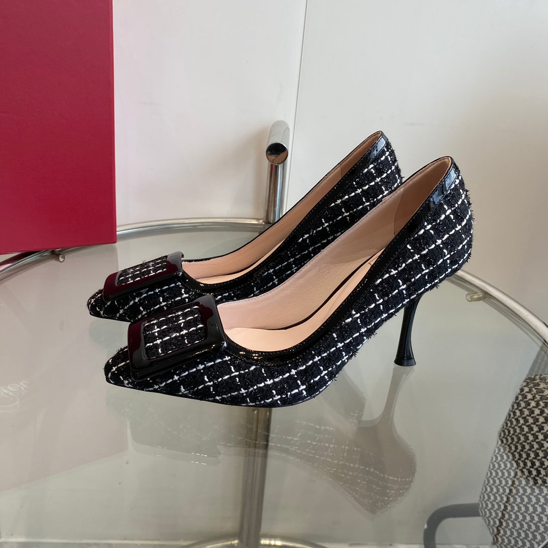 EFFLORESCENCE BALLERINAS PUMPS IN BLACK TWEED WITH FINE WHITE STRIPES EMBELLISHED CRYSTALS - 34