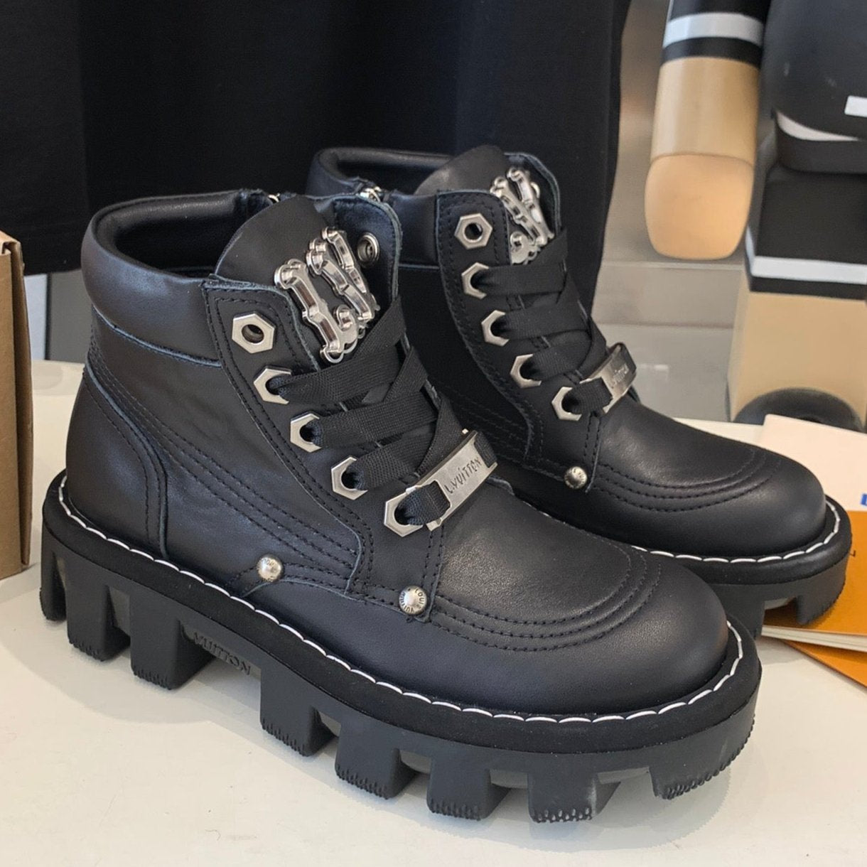 LV CHECKER ANKLE BOOT IN BLACK CALFSKIN - 35