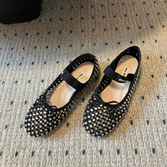 Балетки MIUMIU 26S з чорної сітчастої телячої шкіри зі стразами