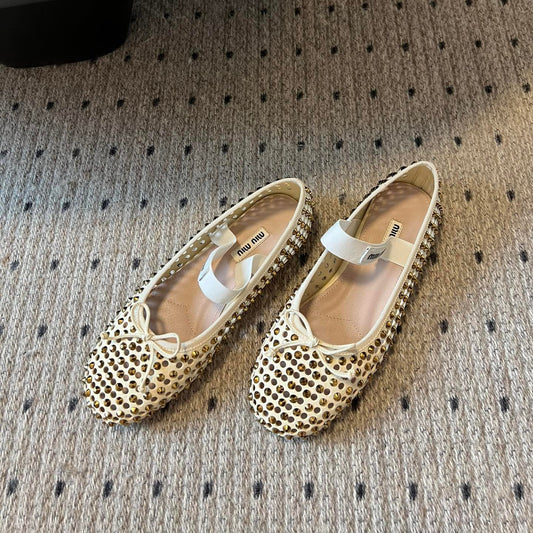 БАЛЕТКИ MIUMIU 26S ЗІ СВІТЛО-БЕЖЕВОЇ СІТЧАСТОЇ ТЕЛЯЧОЇ ШКІРИ ЗІ СТРАЗАМИ