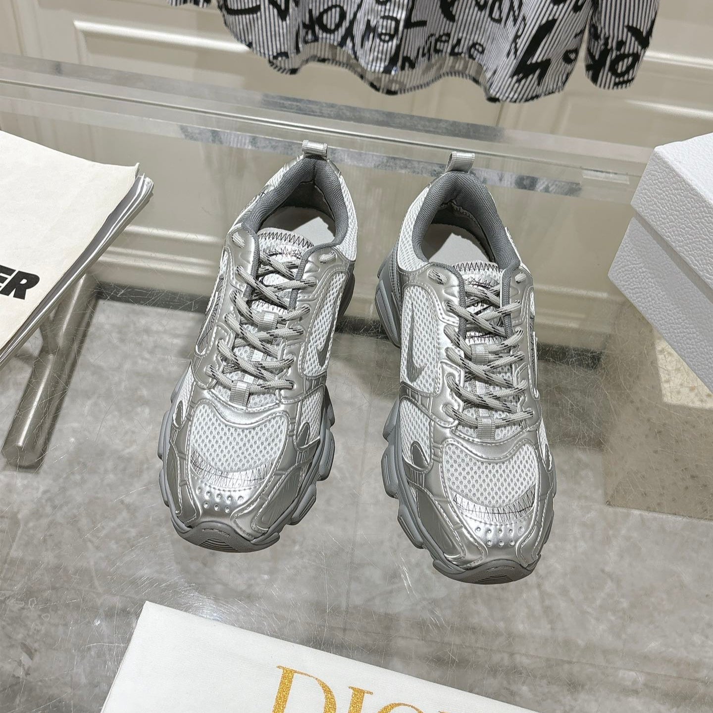 DIOR 25S CHRONO SNEAKER 45MM IN MESH WITH SILVER CALFSKIN - 35