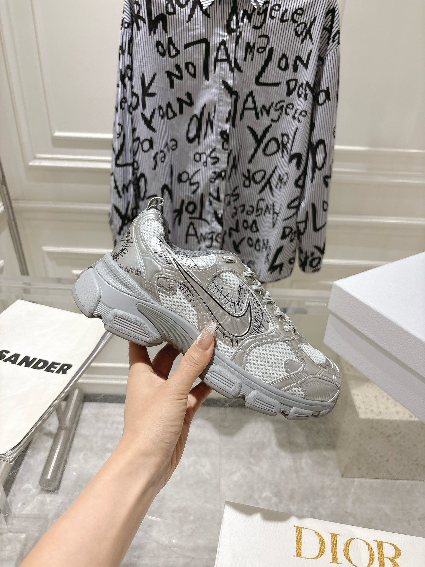 DIOR 25S CHRONO SNEAKER 45MM IN MESH WITH SILVER CALFSKIN - 35