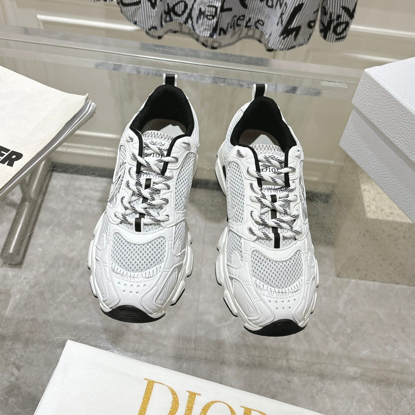 DIOR 25S CHRONO SNEAKER 45MM IN MESH WITH WHITE AND BLACK CALFSKIN - 35