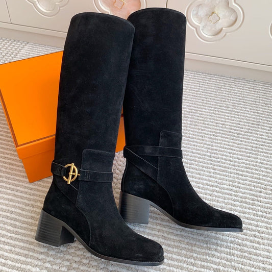 HM 25S TALL BOOTS 50 MM IN BLACK SUEDE WITH GOLD HARDWARE - 35