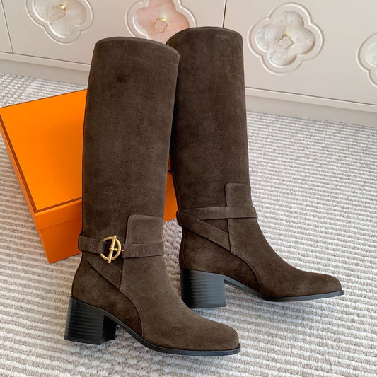 HM 25S TALL BOOTS 50 MM IN DARK BROWN SUEDE WITH GOLD HARDWARE - 35