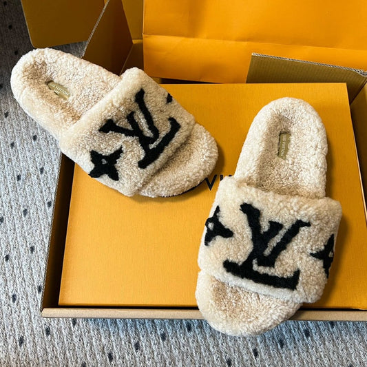SLIPPER IN CAMEL BEIGE MIX BLACK FLEECE - 35