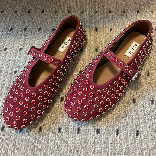 STRASS BALLET FLATS IN BERRY RED LAMBSKIN - 35