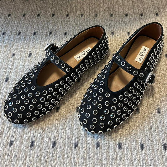 STRASS BALLET FLATS IN BLACK LAMBSKIN - 35