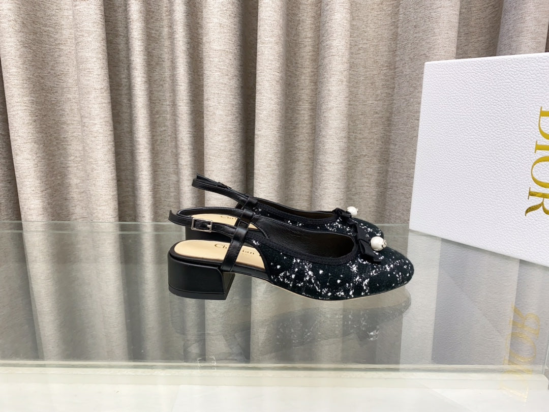 PEARL MARY JANE SLINGBACKS IN BLACK MIX WHITE TWEED 30 MM - 35