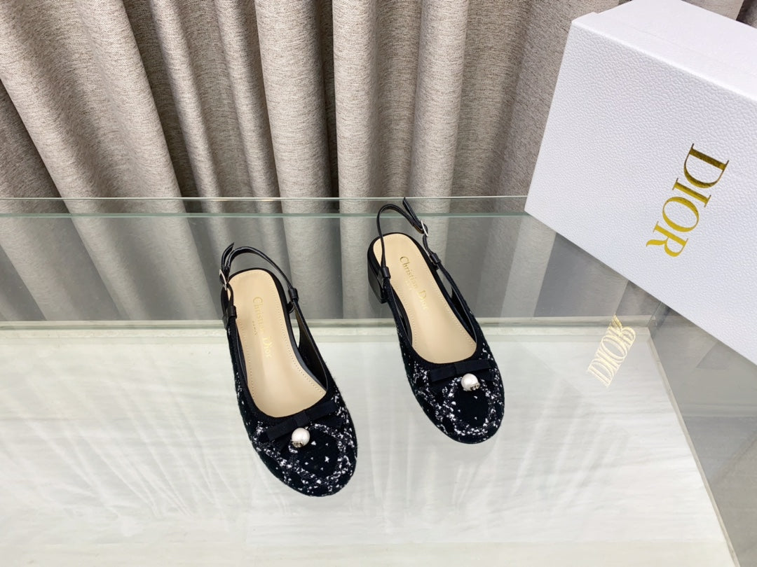 PEARL MARY JANE SLINGBACKS IN BLACK MIX WHITE TWEED 30 MM - 35