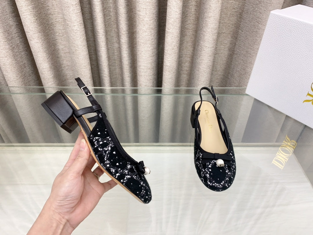 PEARL MARY JANE SLINGBACKS IN BLACK MIX WHITE TWEED 30 MM - 35