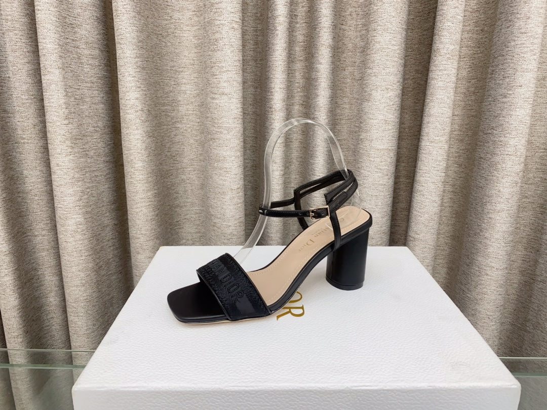 DWAY HIGH HEEL EMBROIDERED SANDAL BLACK CALFSKIN 75 MM - 35