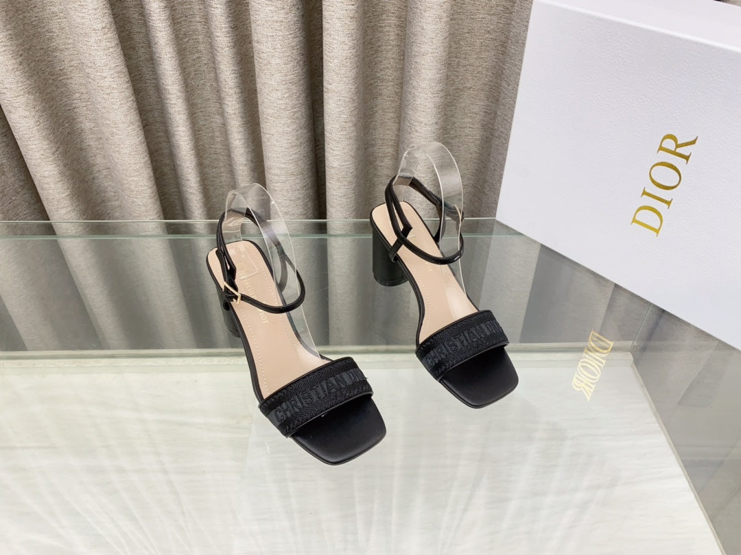 DWAY HIGH HEEL EMBROIDERED SANDAL BLACK CALFSKIN 75 MM - 35