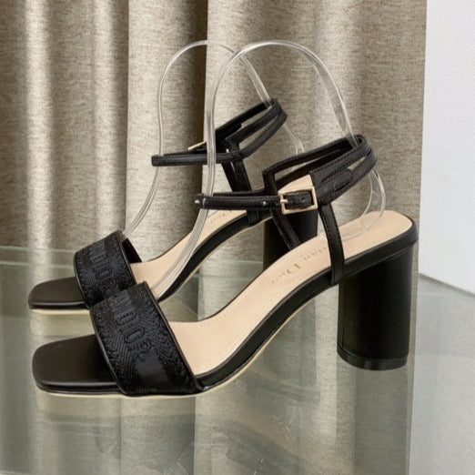 DWAY HIGH HEEL EMBROIDERED SANDAL BLACK CALFSKIN 75 MM - 35