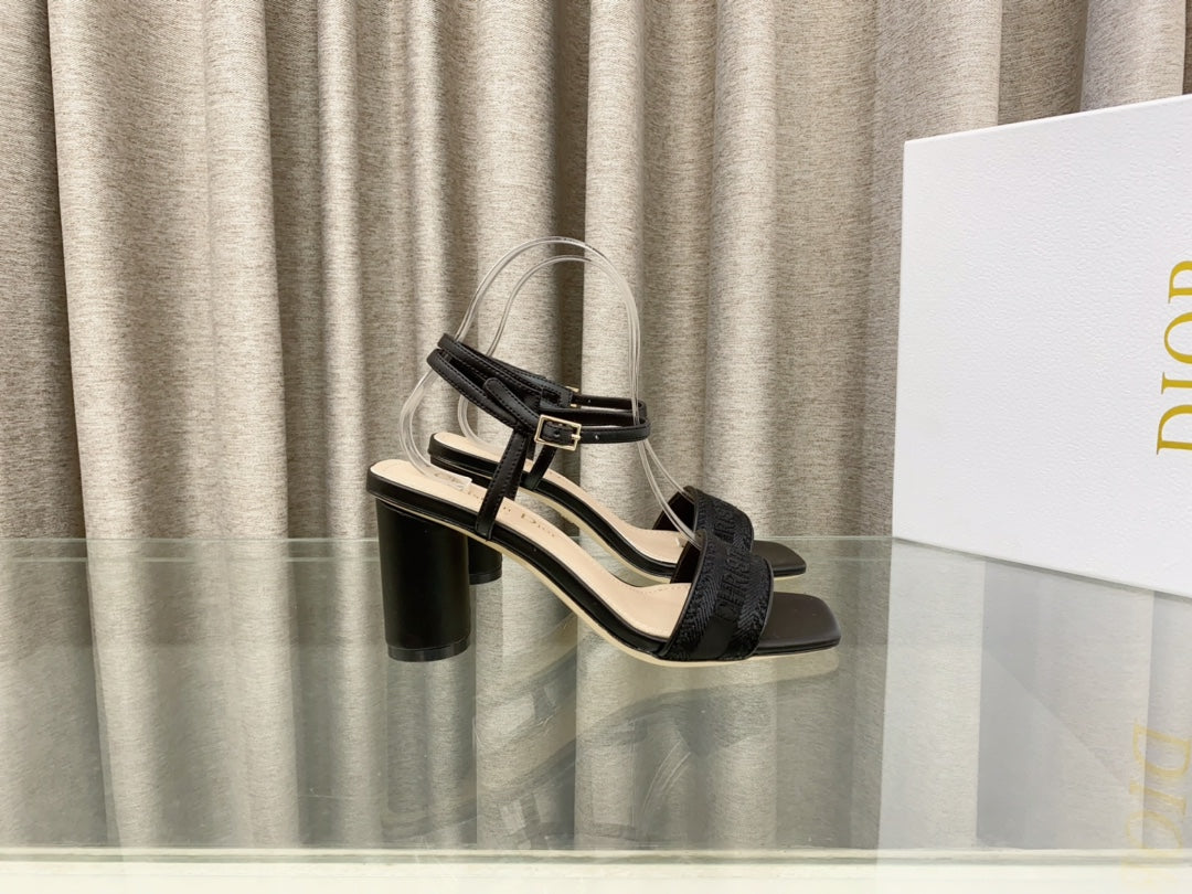 DWAY HIGH HEEL EMBROIDERED SANDAL BLACK CALFSKIN 75 MM - 35