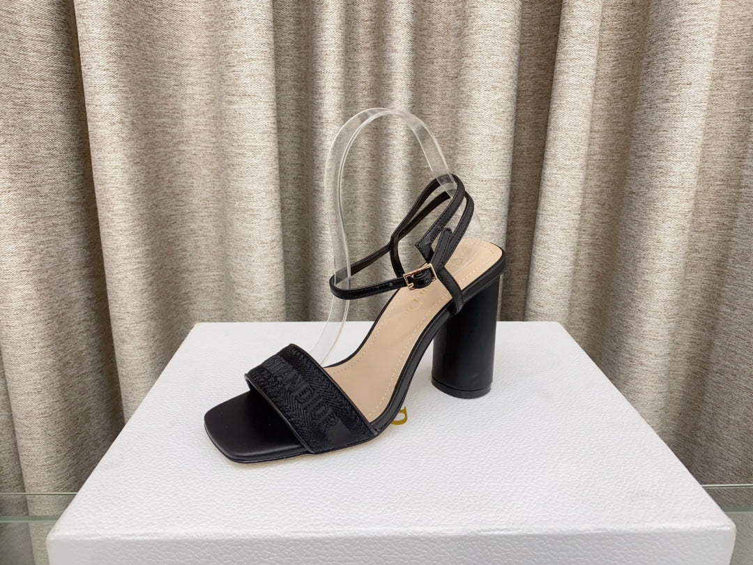 DWAY HIGH HEEL EMBROIDERED SANDAL BLACK CALFSKIN 95 MM - 35