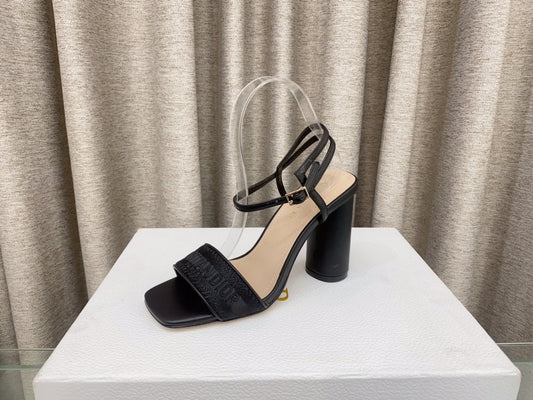 DWAY HIGH HEEL EMBROIDERED SANDAL BLACK CALFSKIN 95 MM - 35