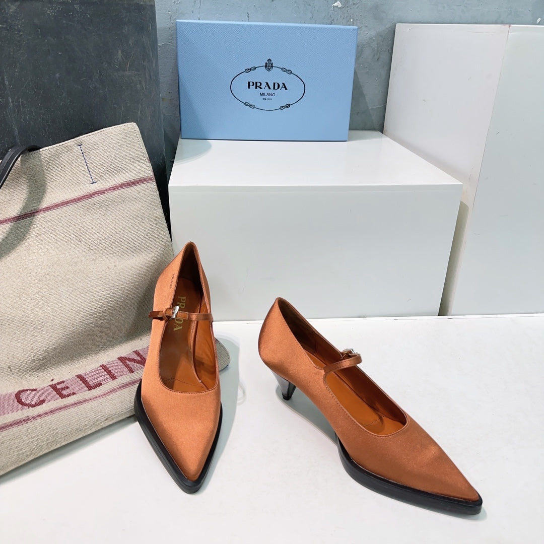 POINTED TOE MEDIUM HEEL PUMPS IN BURNT ORANGE SILK - 35