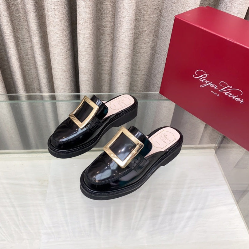 VIV' RANGERS MULES IN BLACK PATENT CALFSKIN GOLD BUCKLE - 34