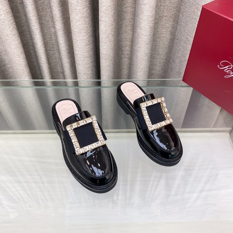 VIV' RANGERS MULES IN BLACK PATENT CALFSKIN CRYSTAL BUCKLE - 34