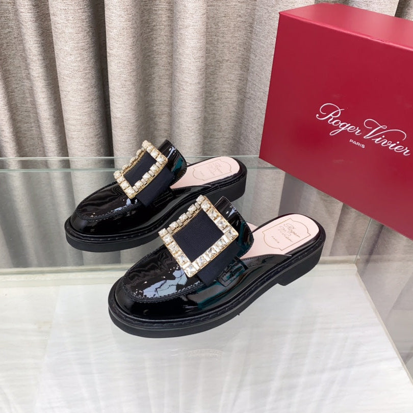 VIV' RANGERS MULES IN BLACK PATENT CALFSKIN CRYSTAL BUCKLE - 34