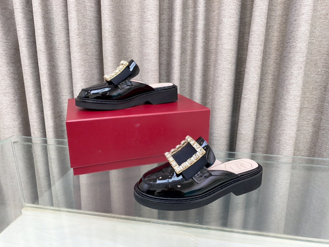 VIV' RANGERS MULES IN BLACK PATENT CALFSKIN CRYSTAL BUCKLE - 34