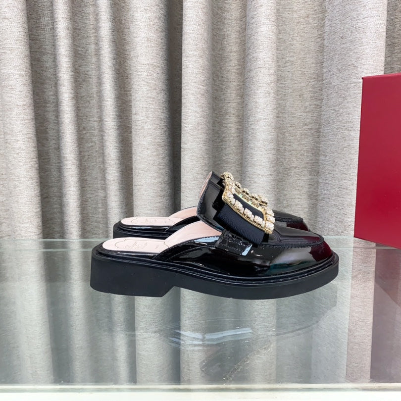 VIV' RANGERS MULES IN BLACK PATENT CALFSKIN CRYSTAL BUCKLE - 34