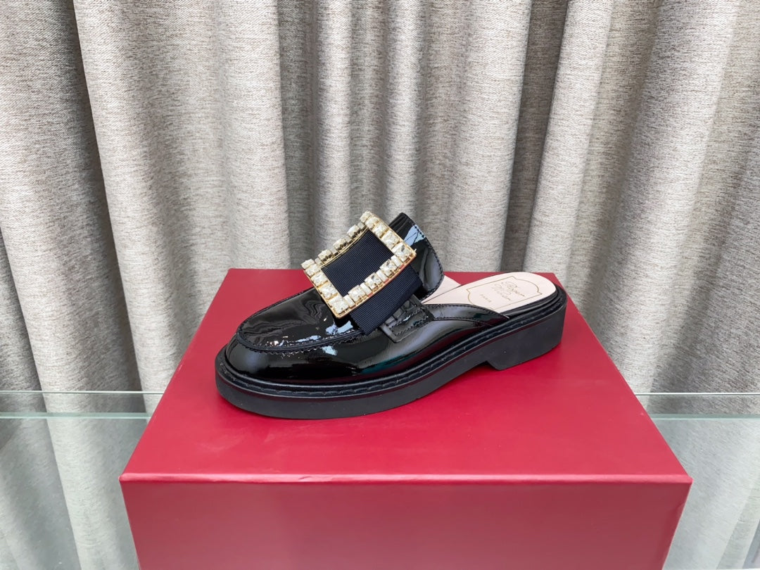 VIV' RANGERS MULES IN BLACK PATENT CALFSKIN CRYSTAL BUCKLE - 34
