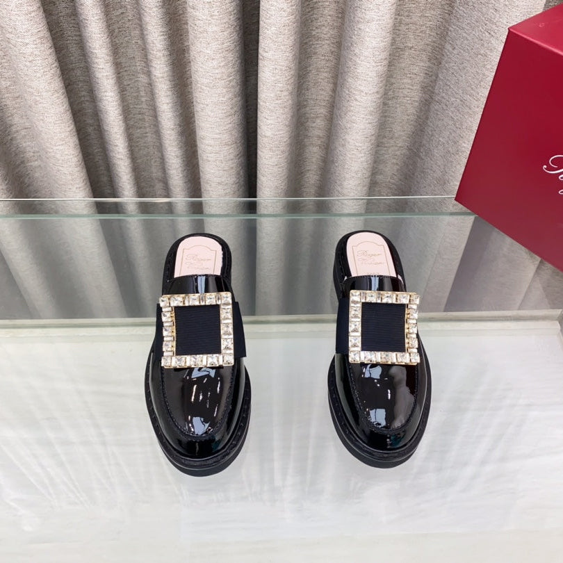 VIV' RANGERS MULES IN BLACK PATENT CALFSKIN CRYSTAL BUCKLE - 34