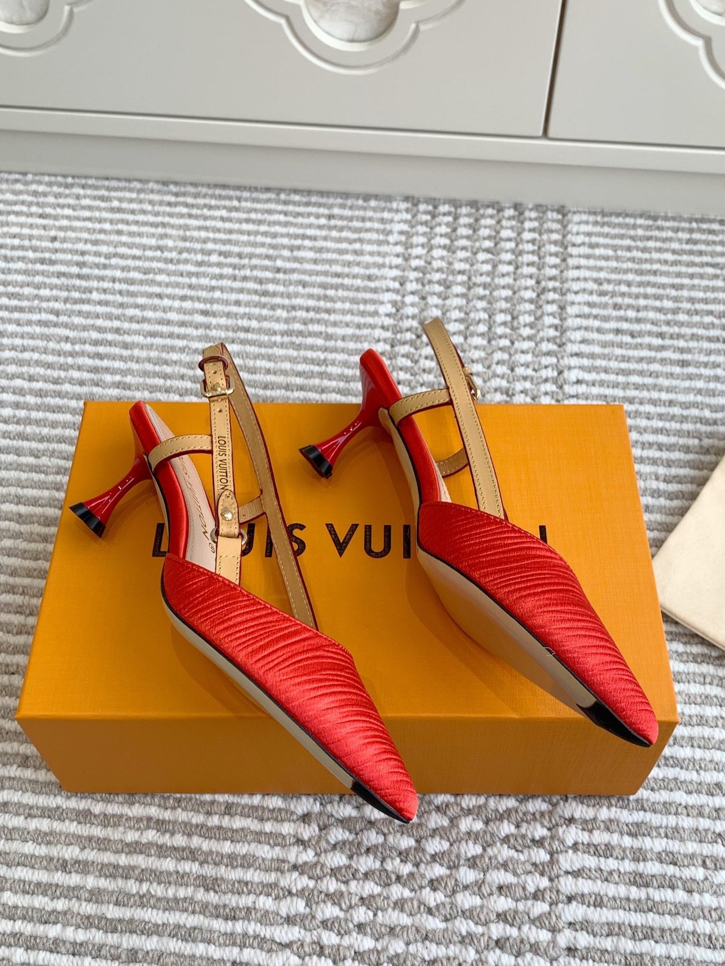 BLOSSOM SLINGBACKS 55 MM IN CHERRY RED IMPORTED STRIPED SILK SATIN - 35