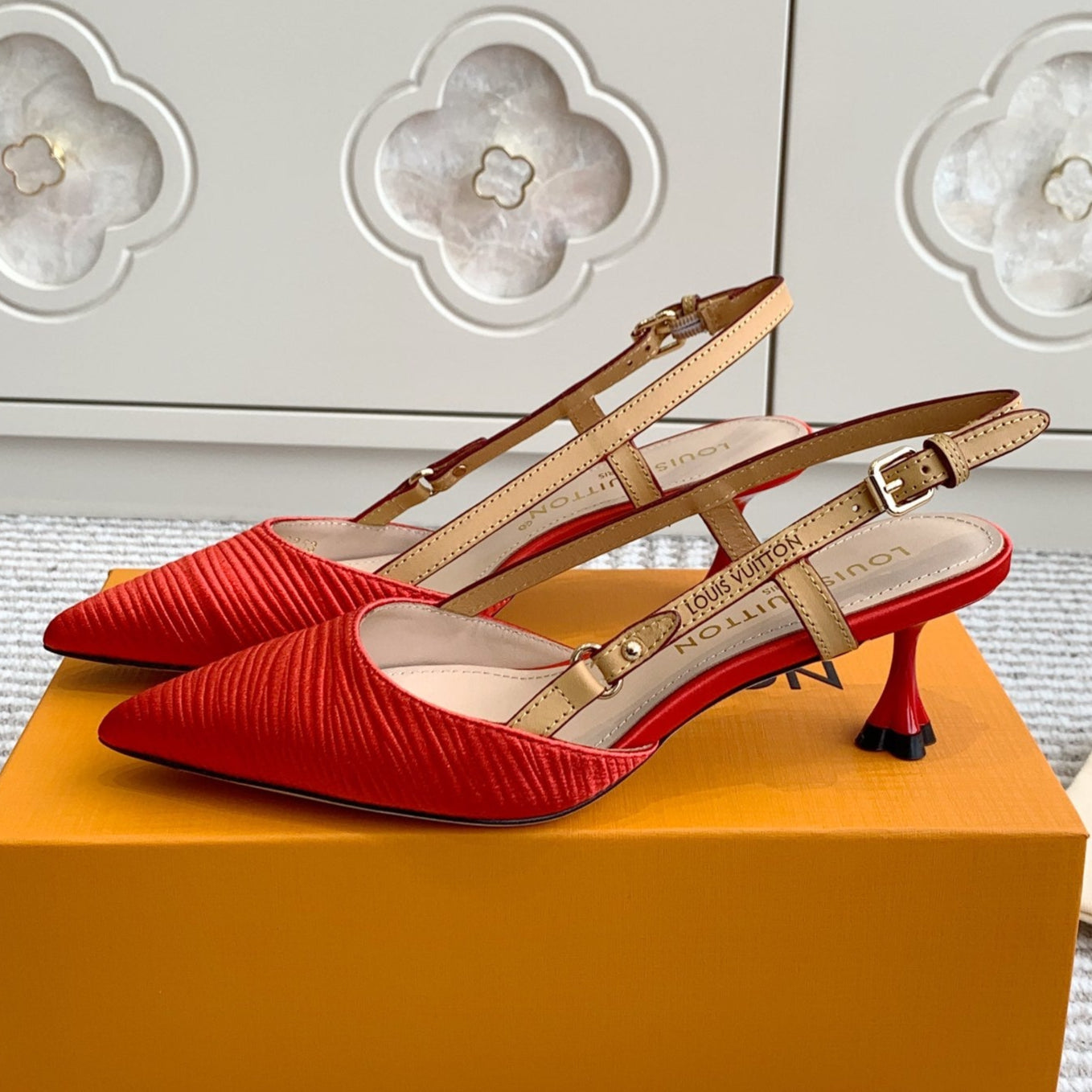 BLOSSOM SLINGBACKS 55 MM IN CHERRY RED IMPORTED STRIPED SILK SATIN - 35