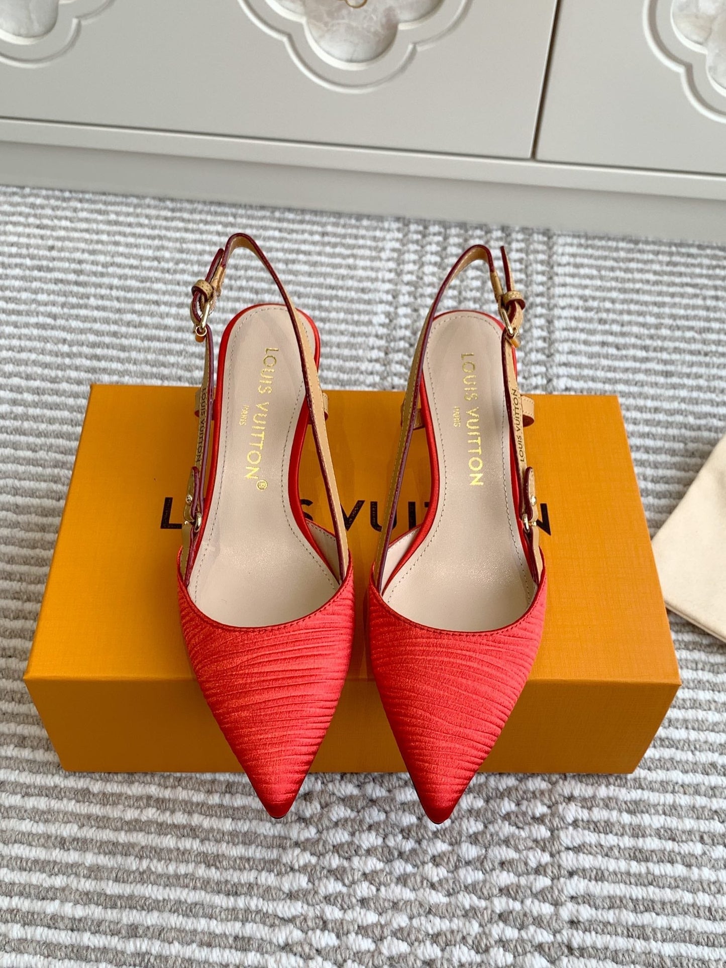 BLOSSOM SLINGBACKS 55 MM IN CHERRY RED IMPORTED STRIPED SILK SATIN - 35