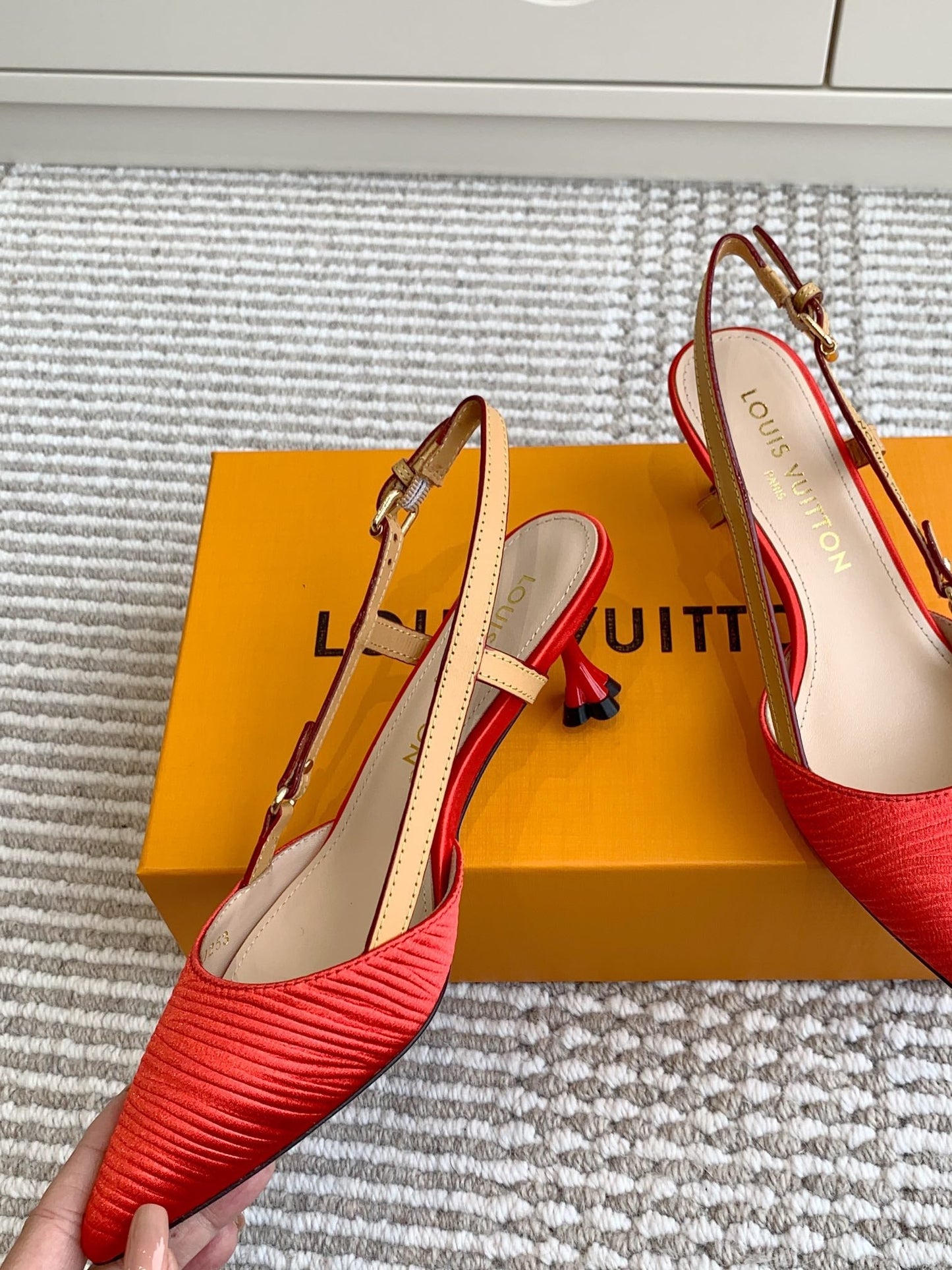 BLOSSOM SLINGBACKS 55 MM IN CHERRY RED IMPORTED STRIPED SILK SATIN - 35